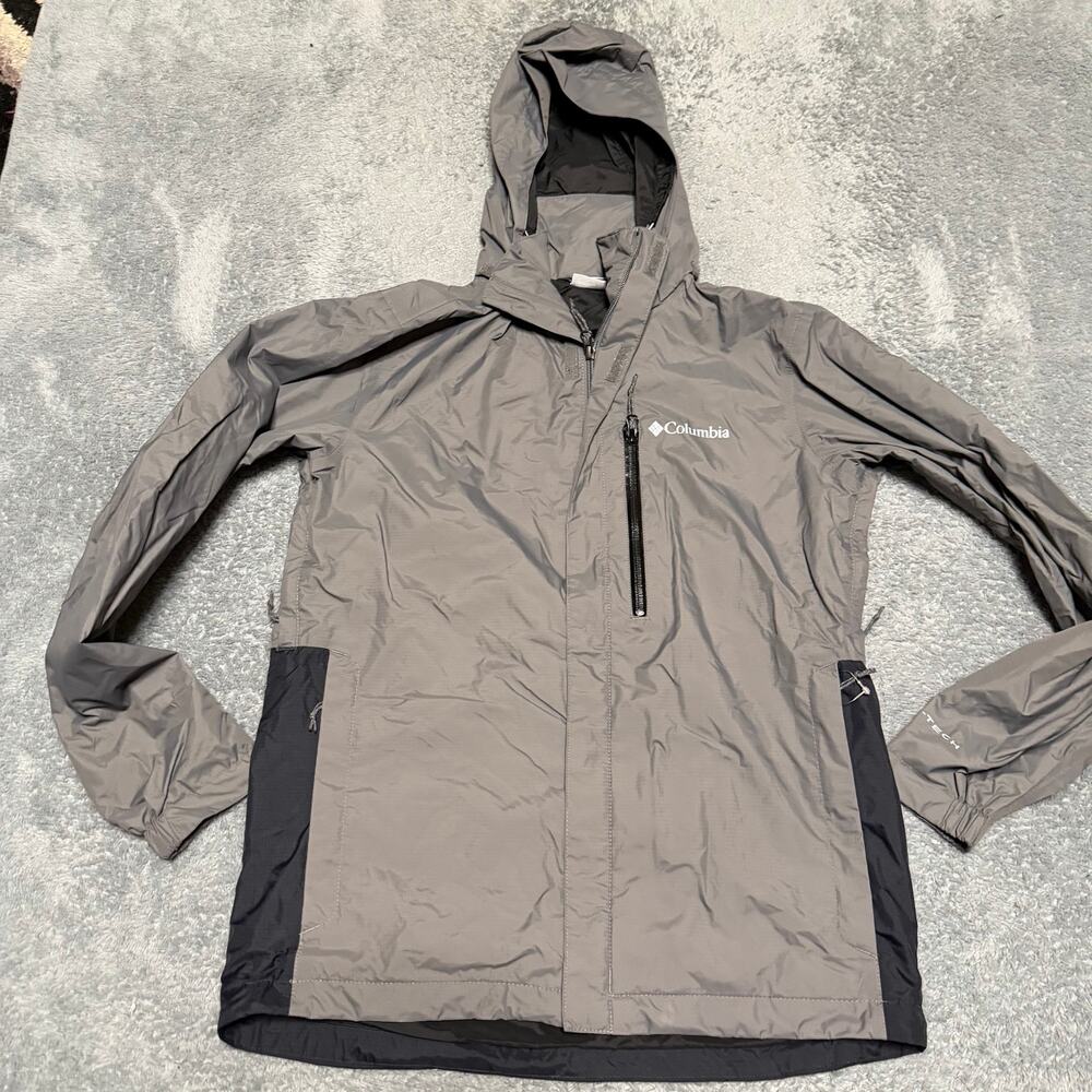 Columbia Jacket Mens Small Gray Black Hooded Rain Nylon Coat Windbreaker